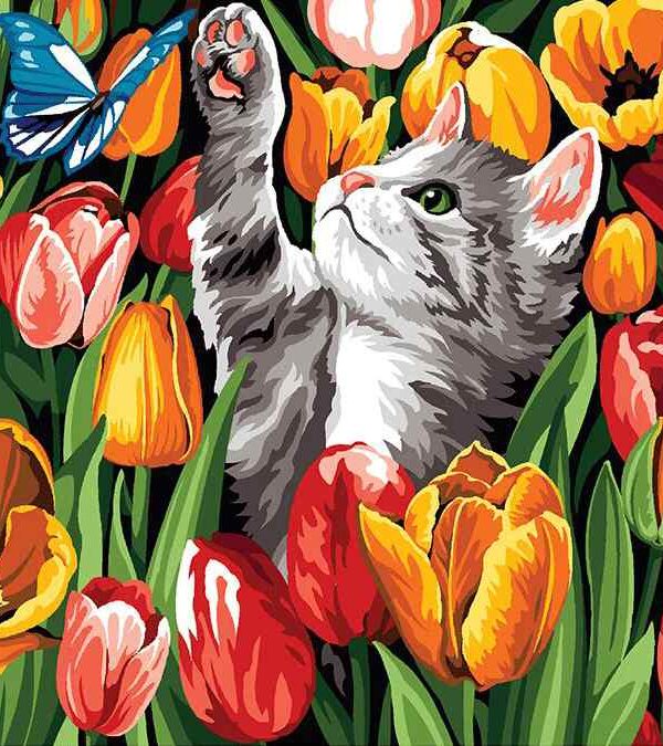 cica tulipánok között kivarrható gobelin (mg 1010)