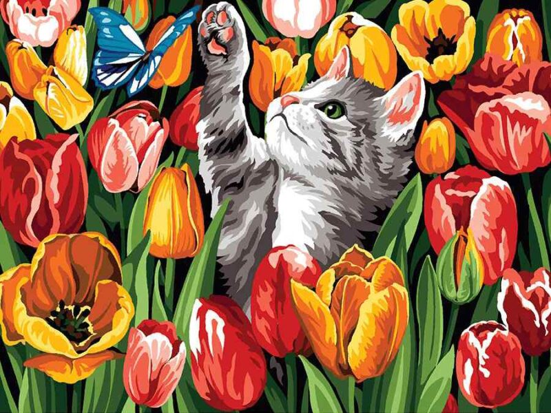 cica tulipánok között kivarrható gobelin (mg 1010)