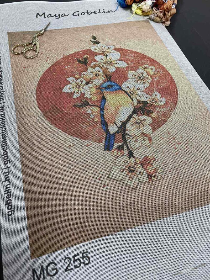 Kék madár japán stílusú festmény kivarrható gobelin (MG-255)