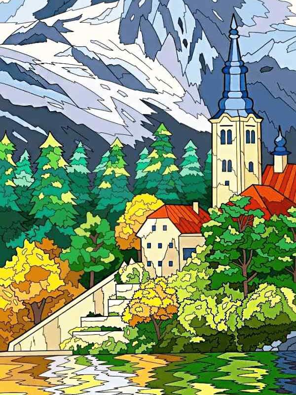 hegyvidéki templom kivarrható gobelin (mg 684)